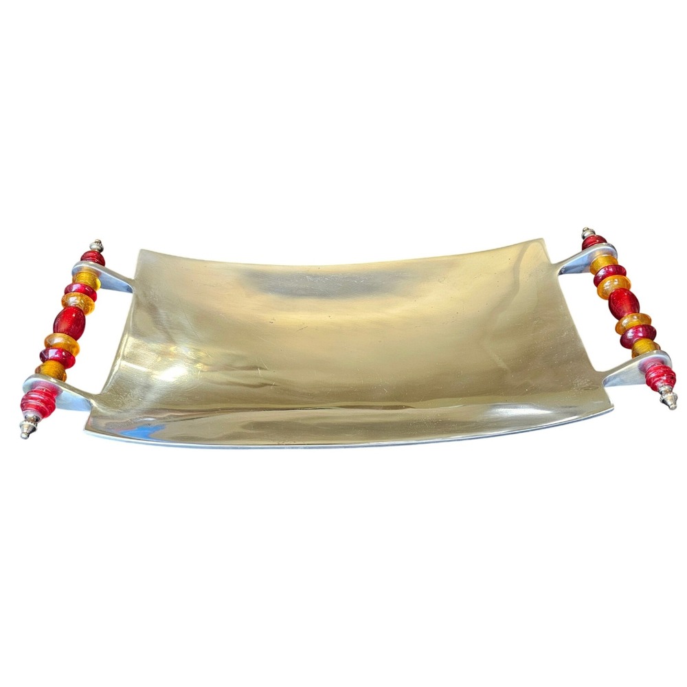 Vintage MCM Cast Aluminum Serving Tray with Red and Amber Glass‎ Bead Handles